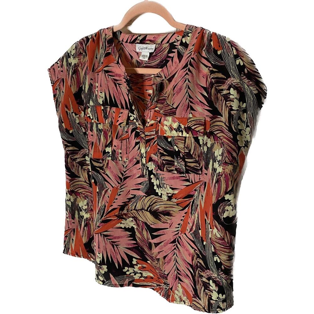 Jaclyn Smith Womens Size S/C Black Pink Floral Tropical Lake Short Sleeve Blouse